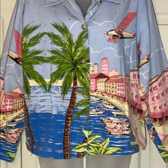 Tantrums Blue Chambray Lightweight Denim Shacket Beach Scene Large - Picture 4 of 14